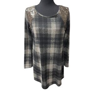 Lilypad Black Gray Plaid Sequin Shoulder Tunic Top Large